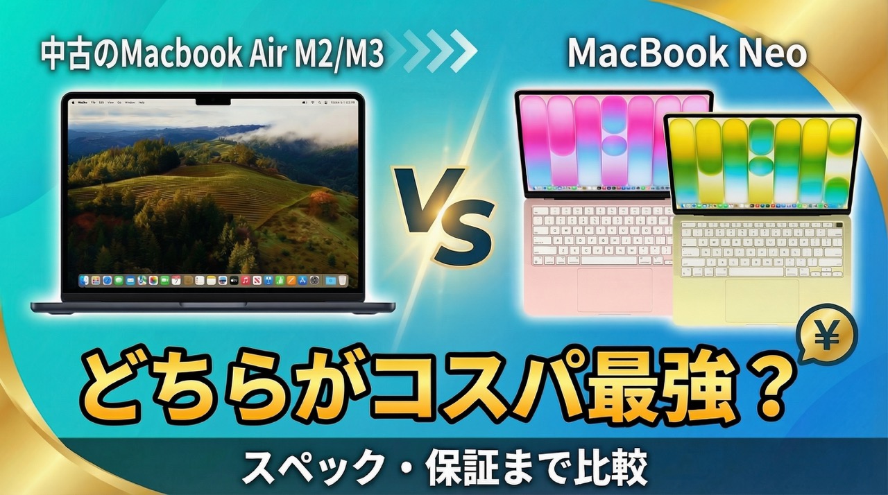 MacBook NeoとMacBook Air M2/M3はどちらがコスパ最強？スペック・保証 