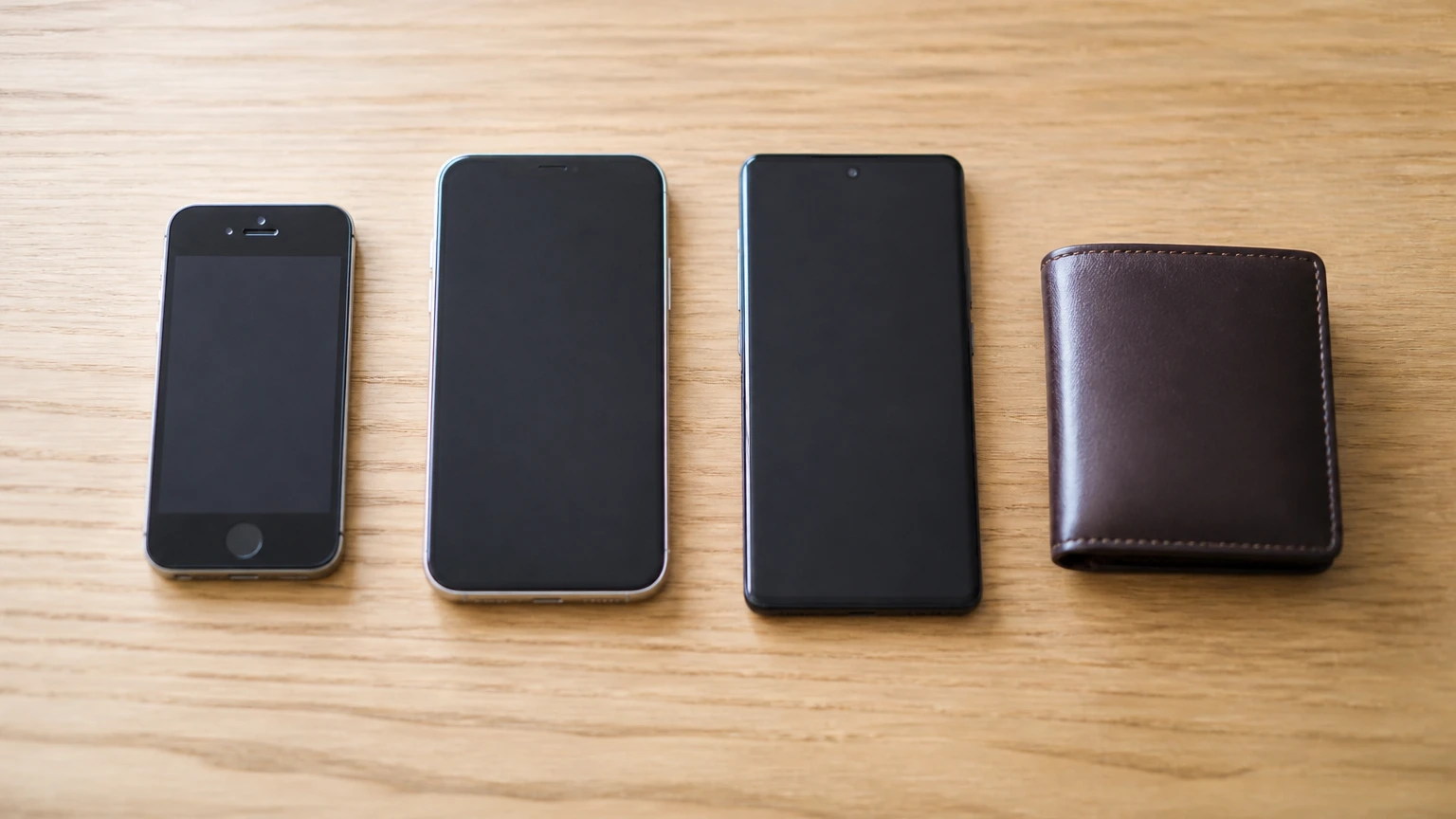 テーブルに並べた世代の違う3台のスマートフォンと財布