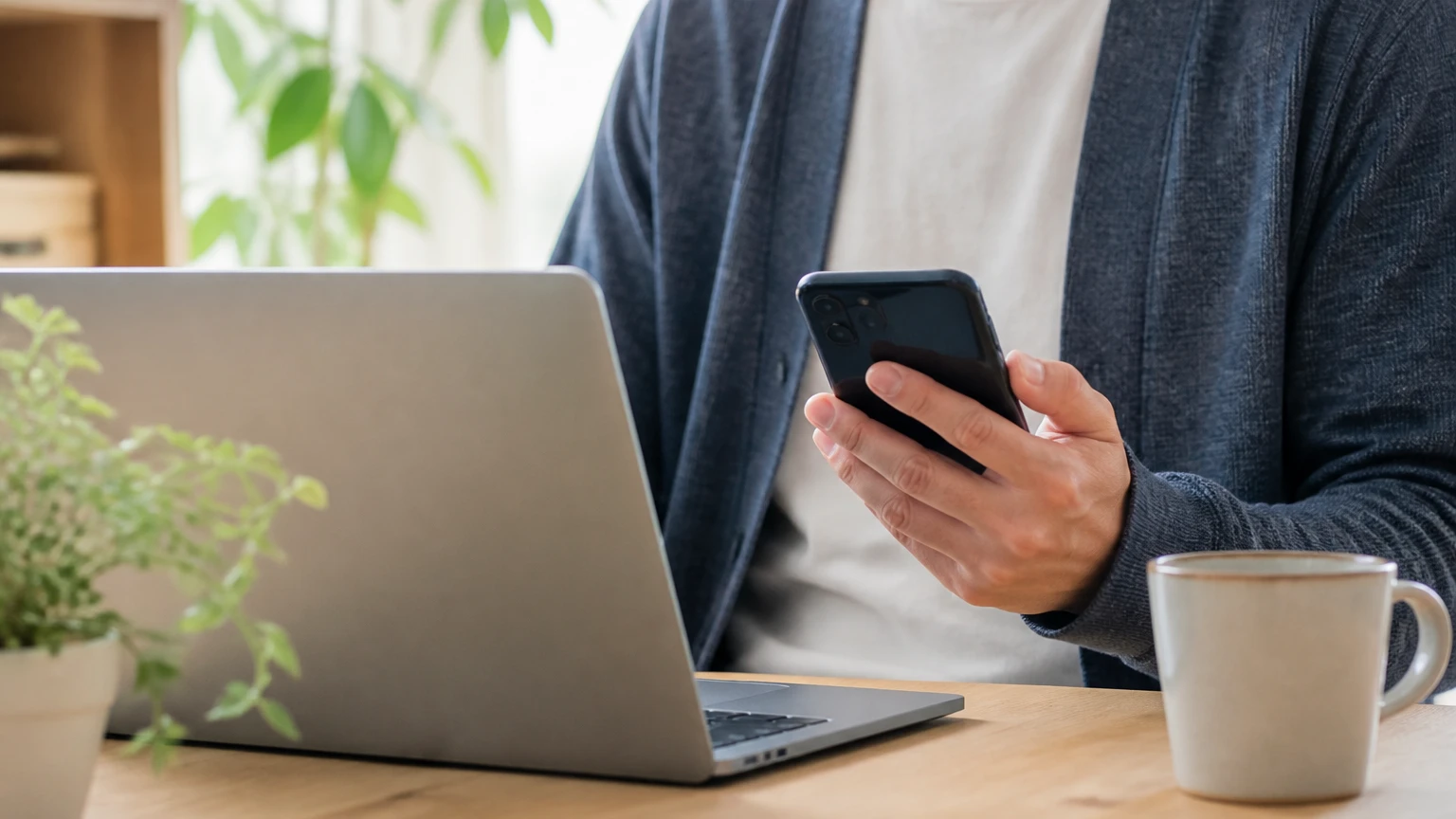 ホームオフィスでパソコンとスマートフォンを見比べる男性の手元