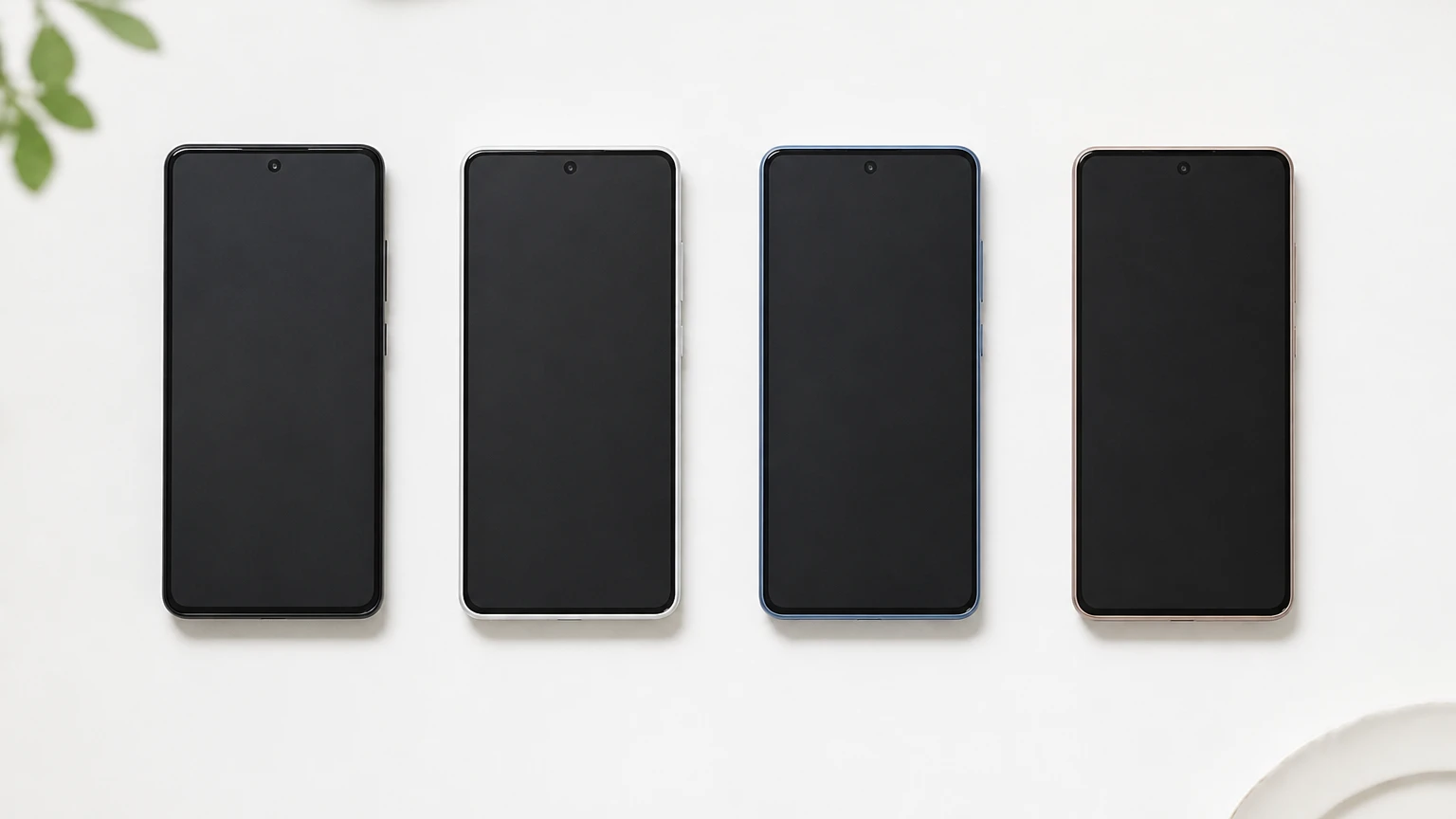 4台のAndroidスマートフォンを横一列に並べた俯瞰写真