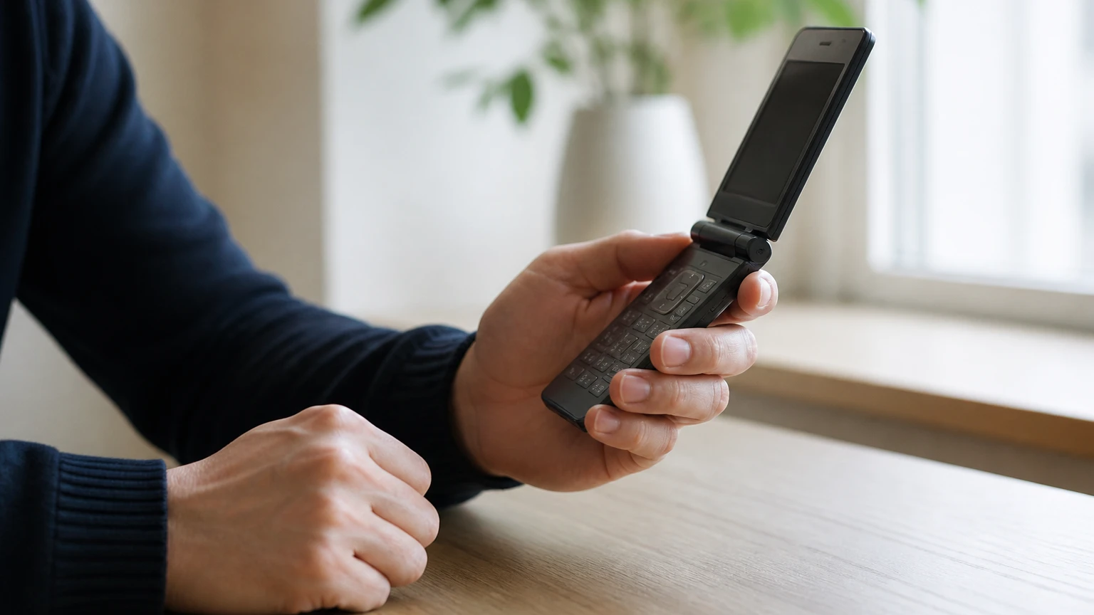 画面が暗いままの二つ折り携帯電話を持つ手元