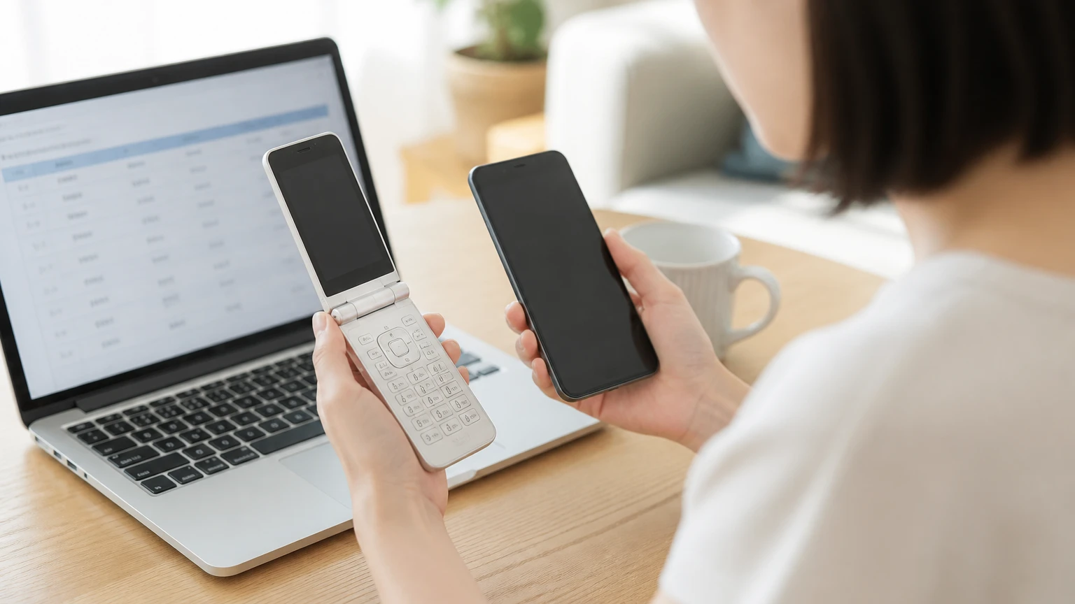二つ折り携帯電話とスマートフォンを見比べる手元