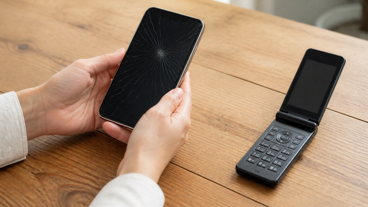 画面がひび割れたスマートフォンと無傷の二つ折り携帯電話