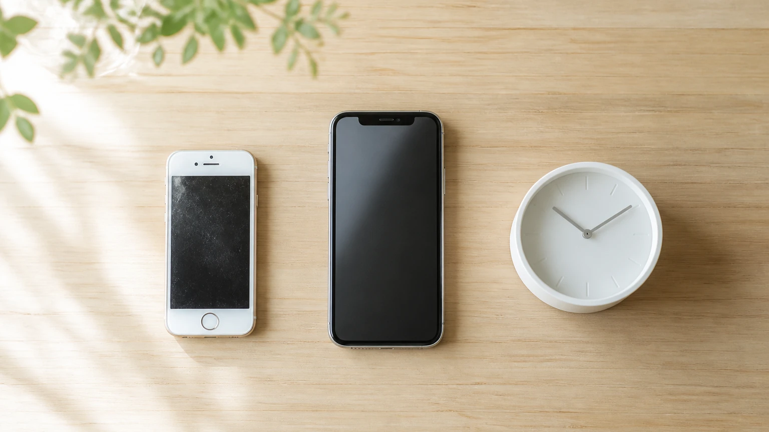 机に並べた新旧のスマートフォンとシンプルな置き時計