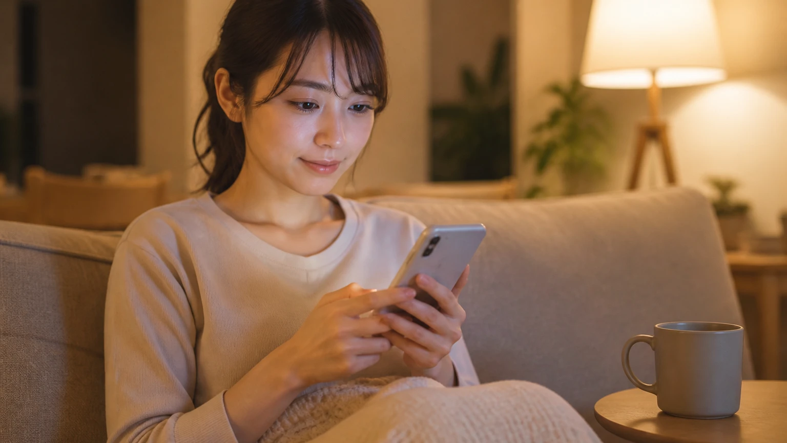 夜の自宅でスマートフォンからオンライン手続きを進める女性