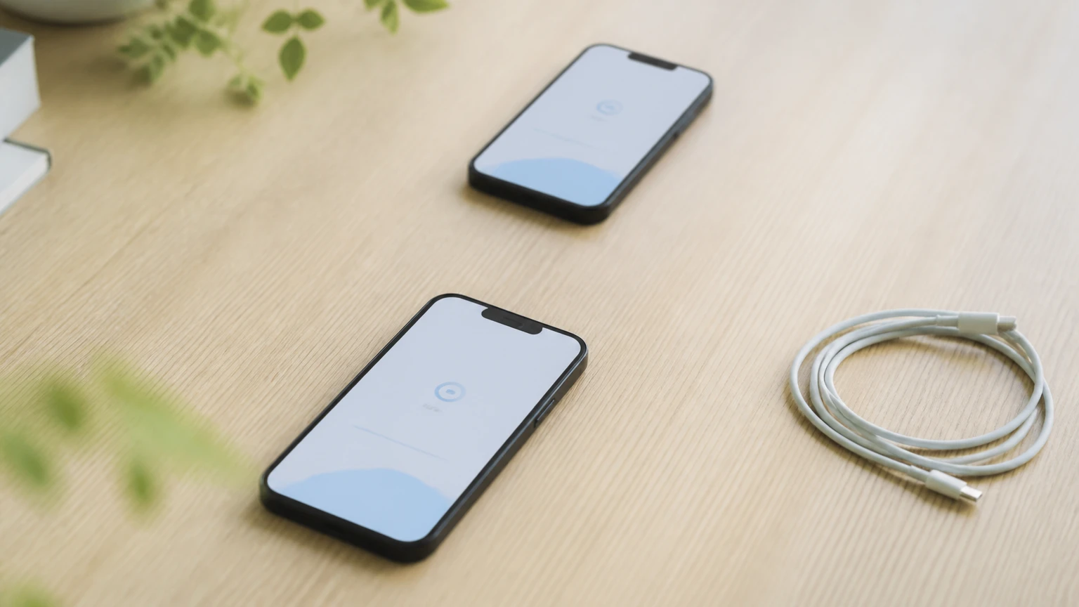 机の上で向かい合わせに置かれ、データ転送中に画面が光る2台のスマートフォン