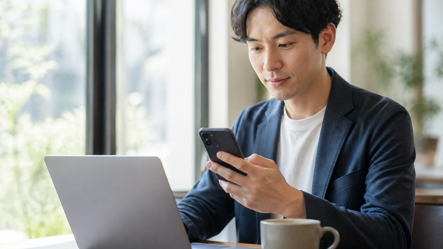 カフェでノートパソコンとスマートフォンを見比べながらオンライン手続きをする男性
