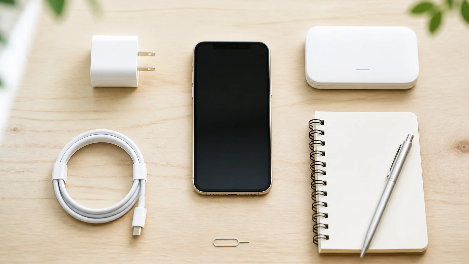 前日に準備するスマートフォン・充電ケーブル・Wi-Fiルーター・メモ帳を並べた机