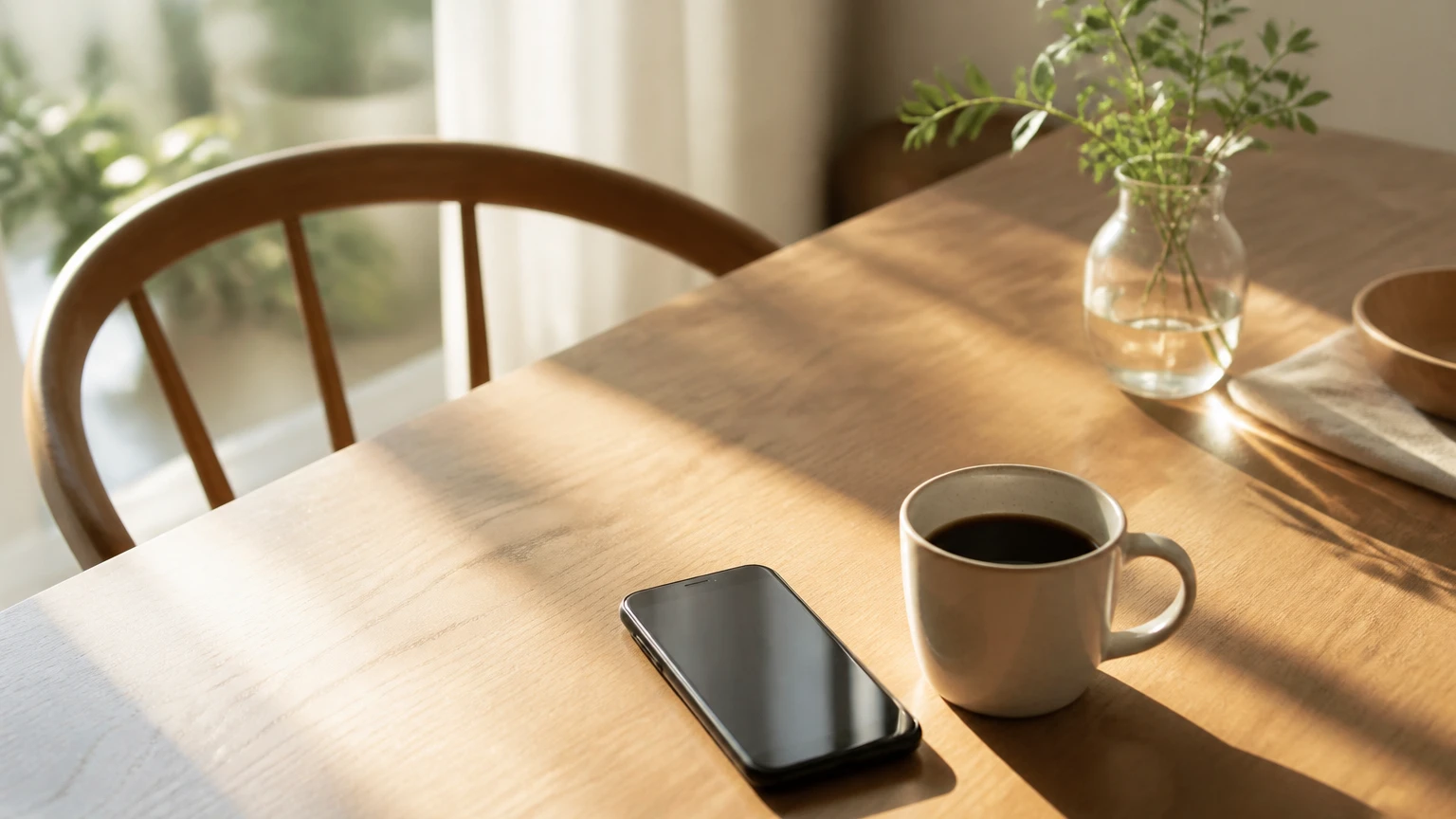朝日が差し込むダイニングテーブルに置かれたスマートフォンとコーヒー