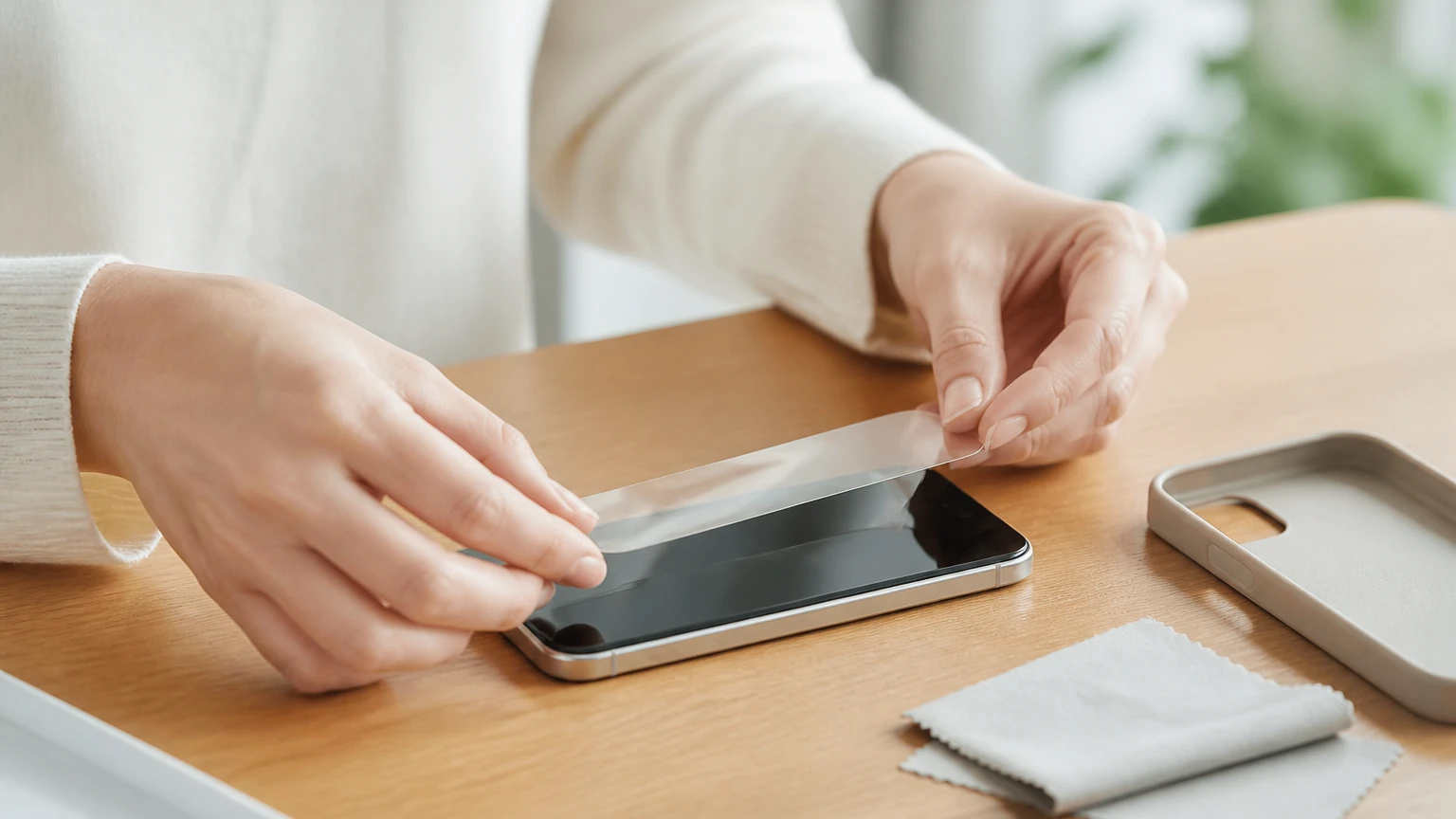 新しいスマートフォンに保護フィルムを丁寧に貼る手元とケース
