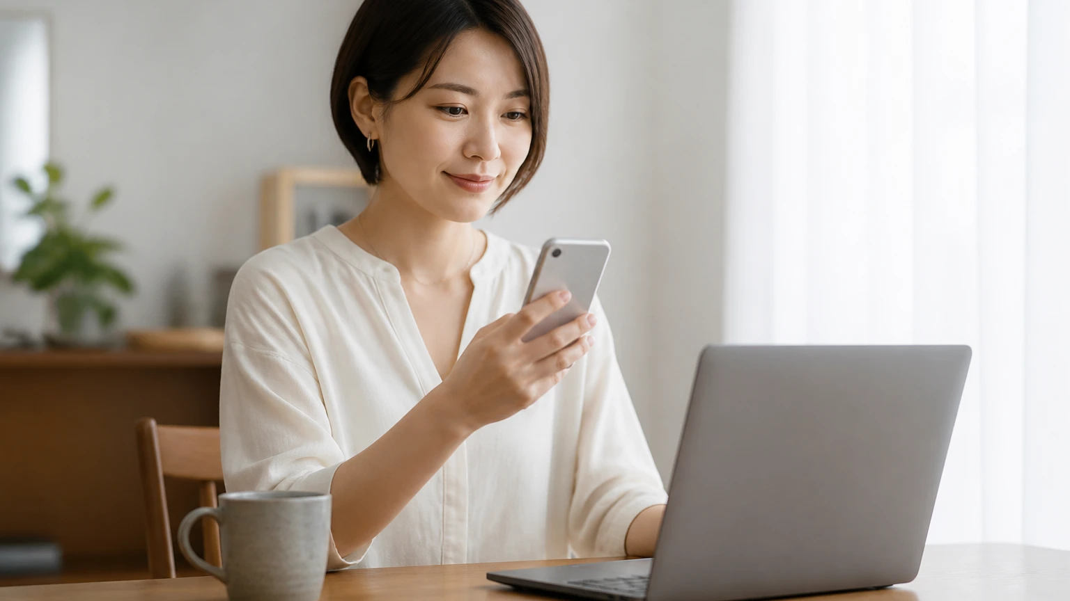 自宅のノートパソコンとスマートフォンでオンライン手続きを進める女性