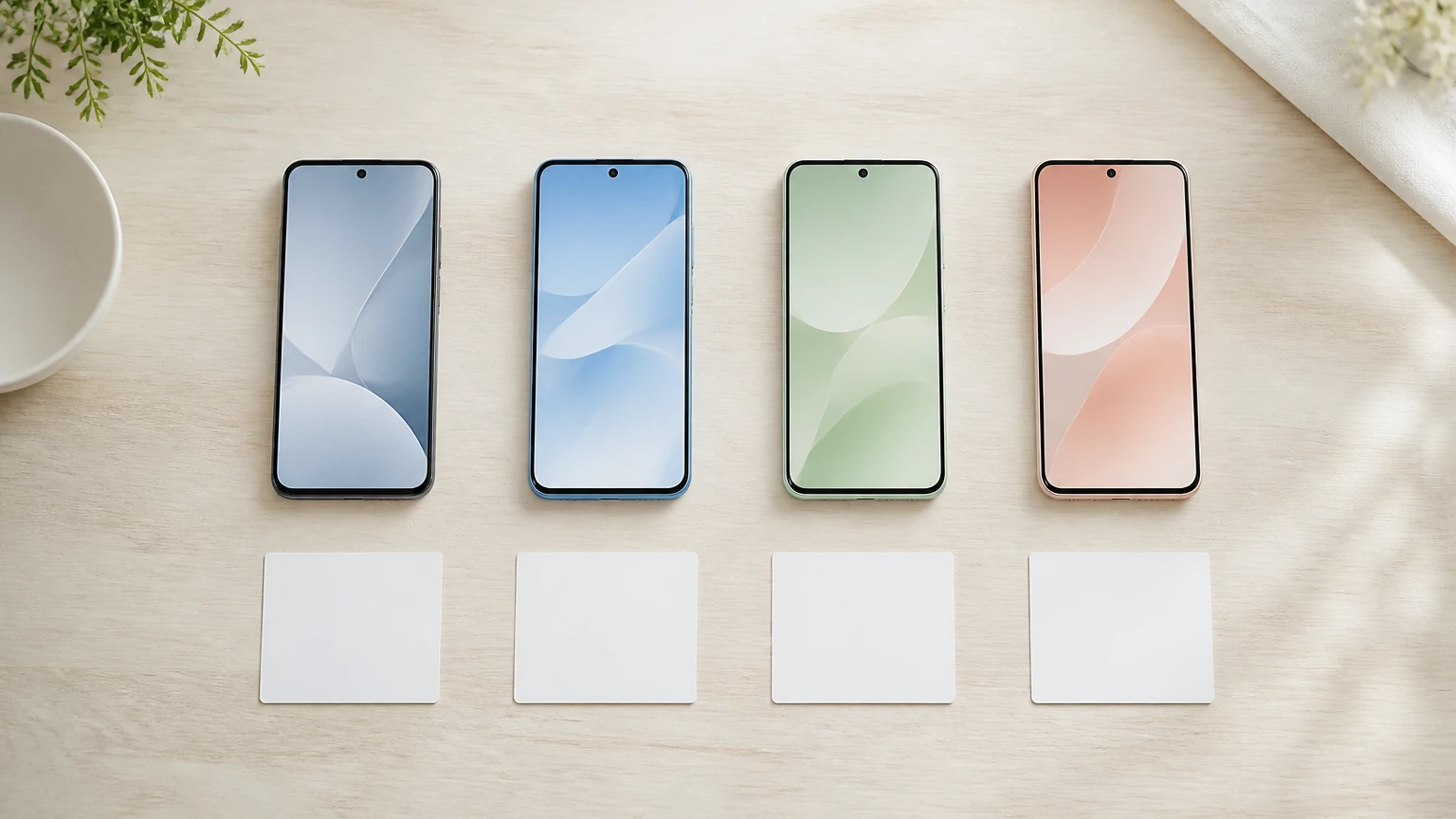 4台のスマートフォンを並べてキャリアごとの条件を見比べる様子