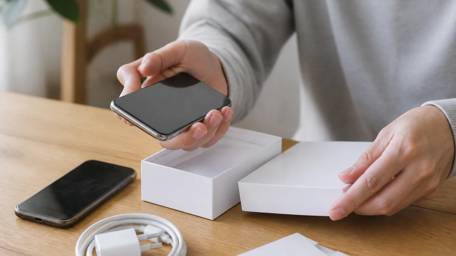 新しいスマートフォンを開封して取り出す手元と、机の上の旧端末