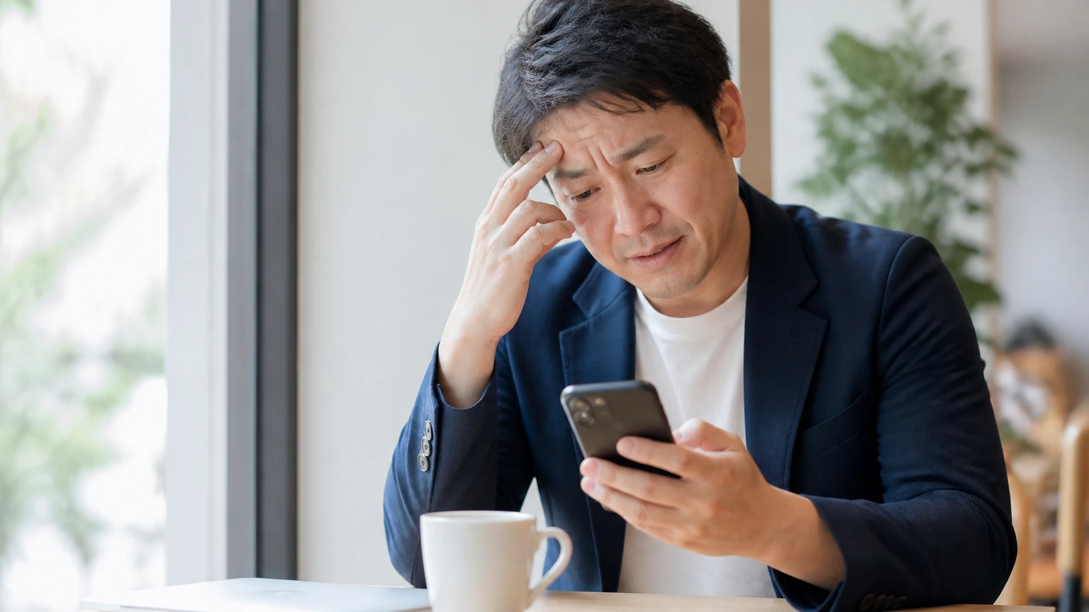 スマートフォンの手続きにつまずいて困った表情を浮かべる男性