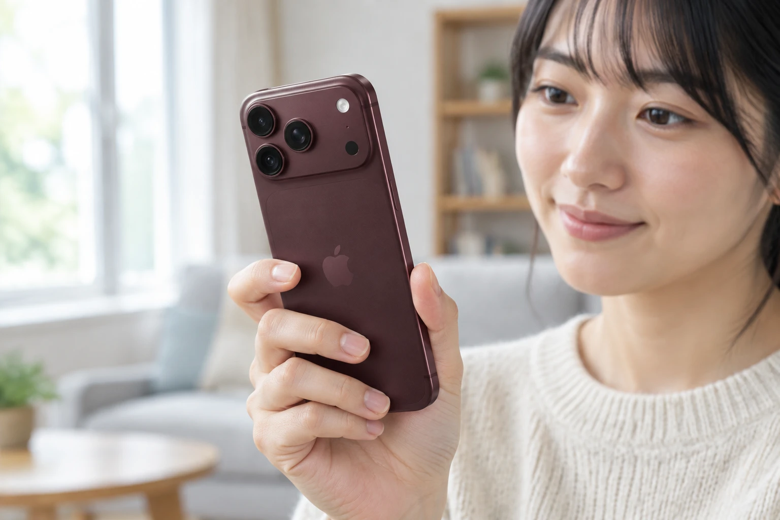 バーガンディのiPhone 18 Proを手に持ち、SIMトレイのない側面を見せている様子