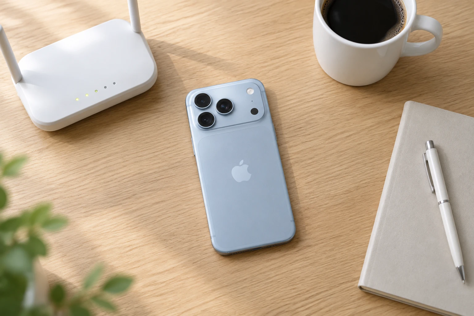 机の上に置かれたiPhone 18 Proと、Wi-Fiルーターやメモ帳などの準備物