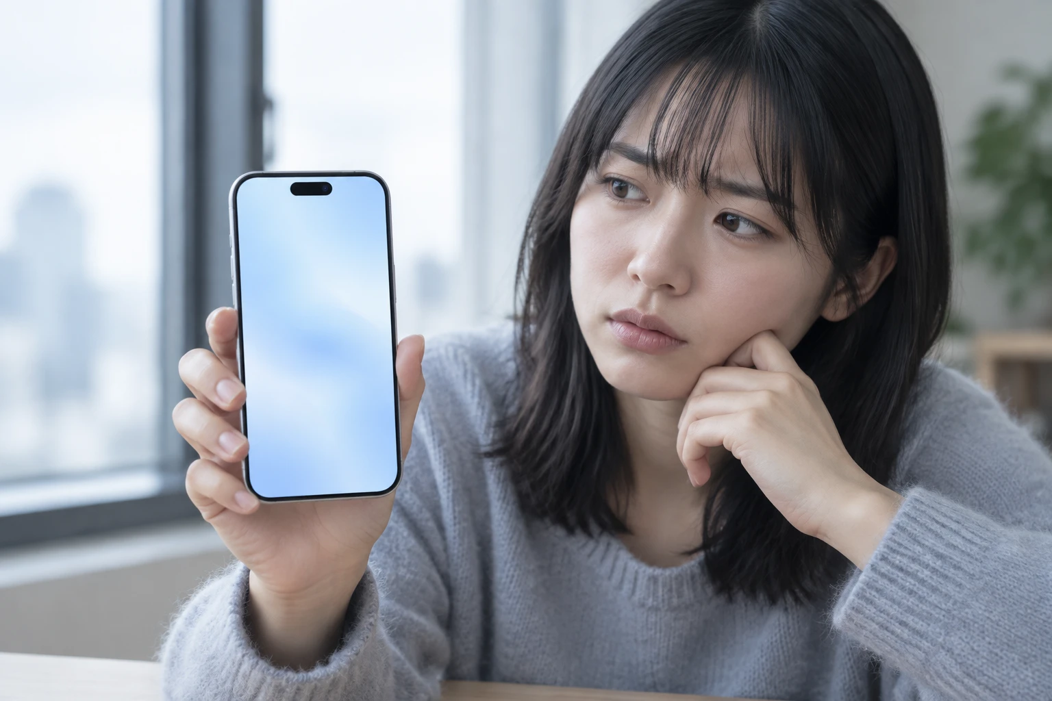 圏外表示が直らずiPhone 18 Proを見つめている様子