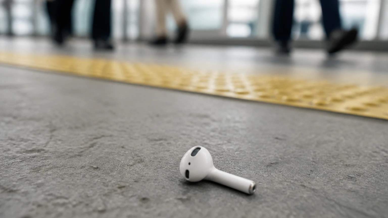 駅のホームに片方だけ落ちている白いワイヤレスイヤホン