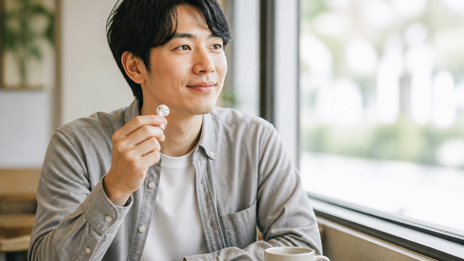 ワイヤレスイヤホンを手に持ち保険を決めた男性