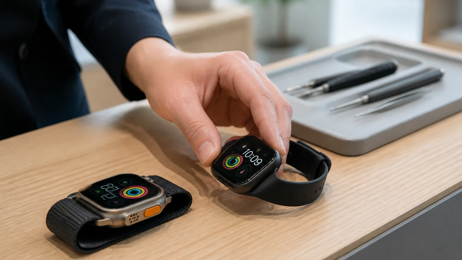 Apple Watchを修理カウンターに持ち込んで見てもらっている様子