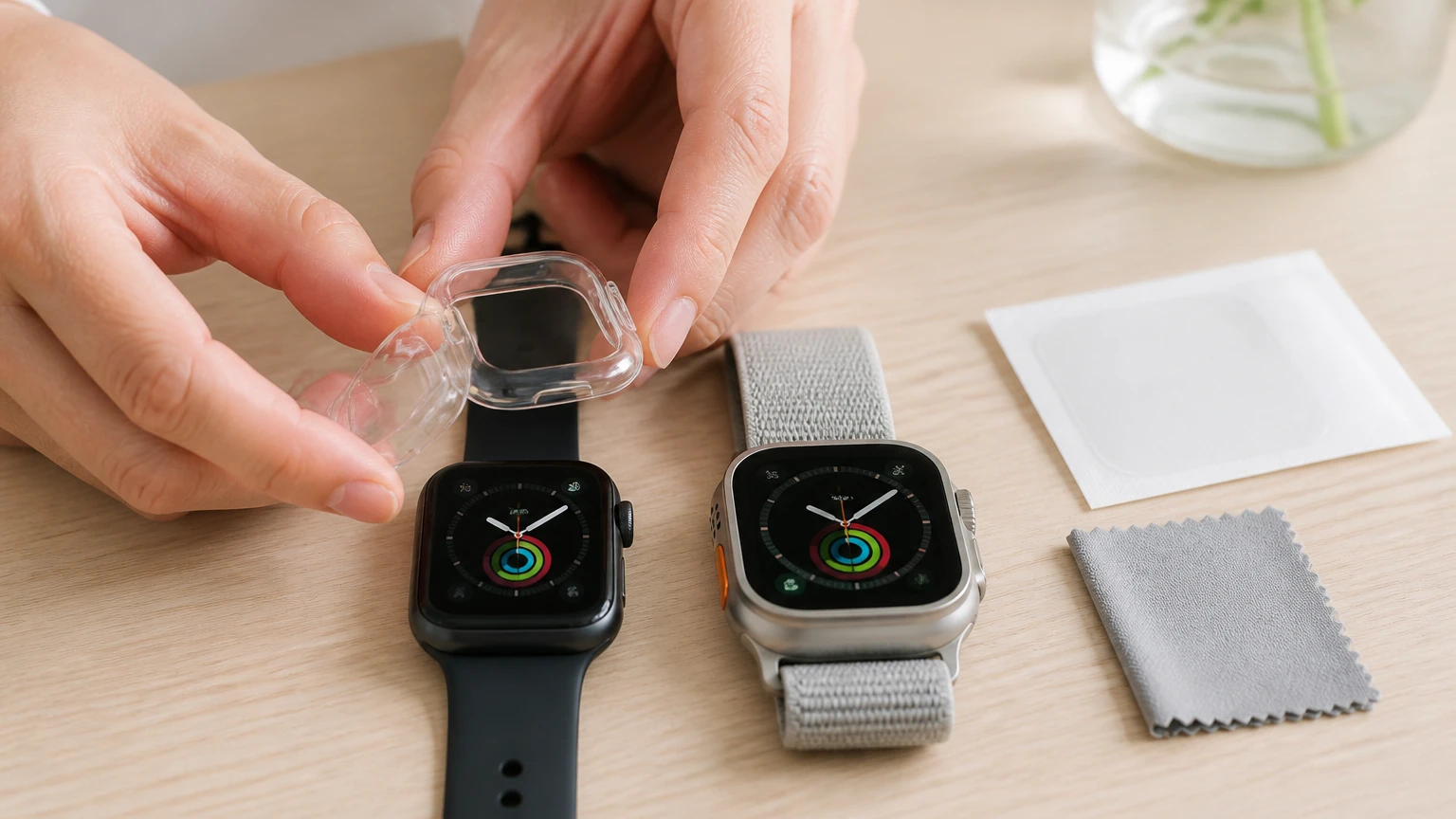 Apple Watchに保護ケースと画面フィルムを装着している手元
