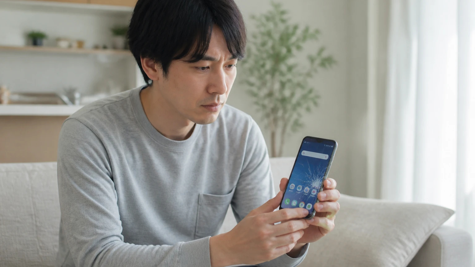 画面が割れたスマートフォンを手に持って確認する男性