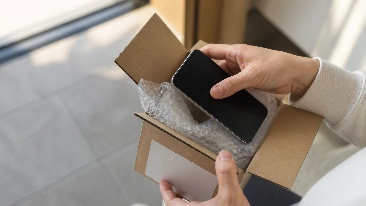 宅配便で届いた交換用のスマートフォンを箱から取り出す手元