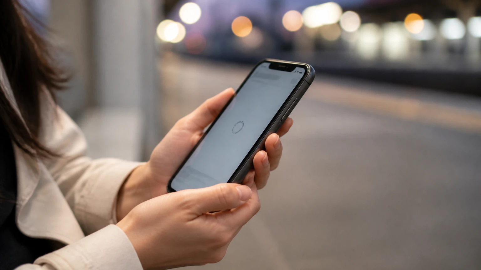 駅のホームで通信が遅くなったスマートフォンを見る手元