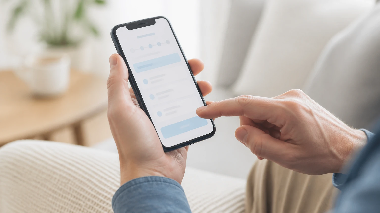 スマートフォンでデータ追加の手続きをしている手元