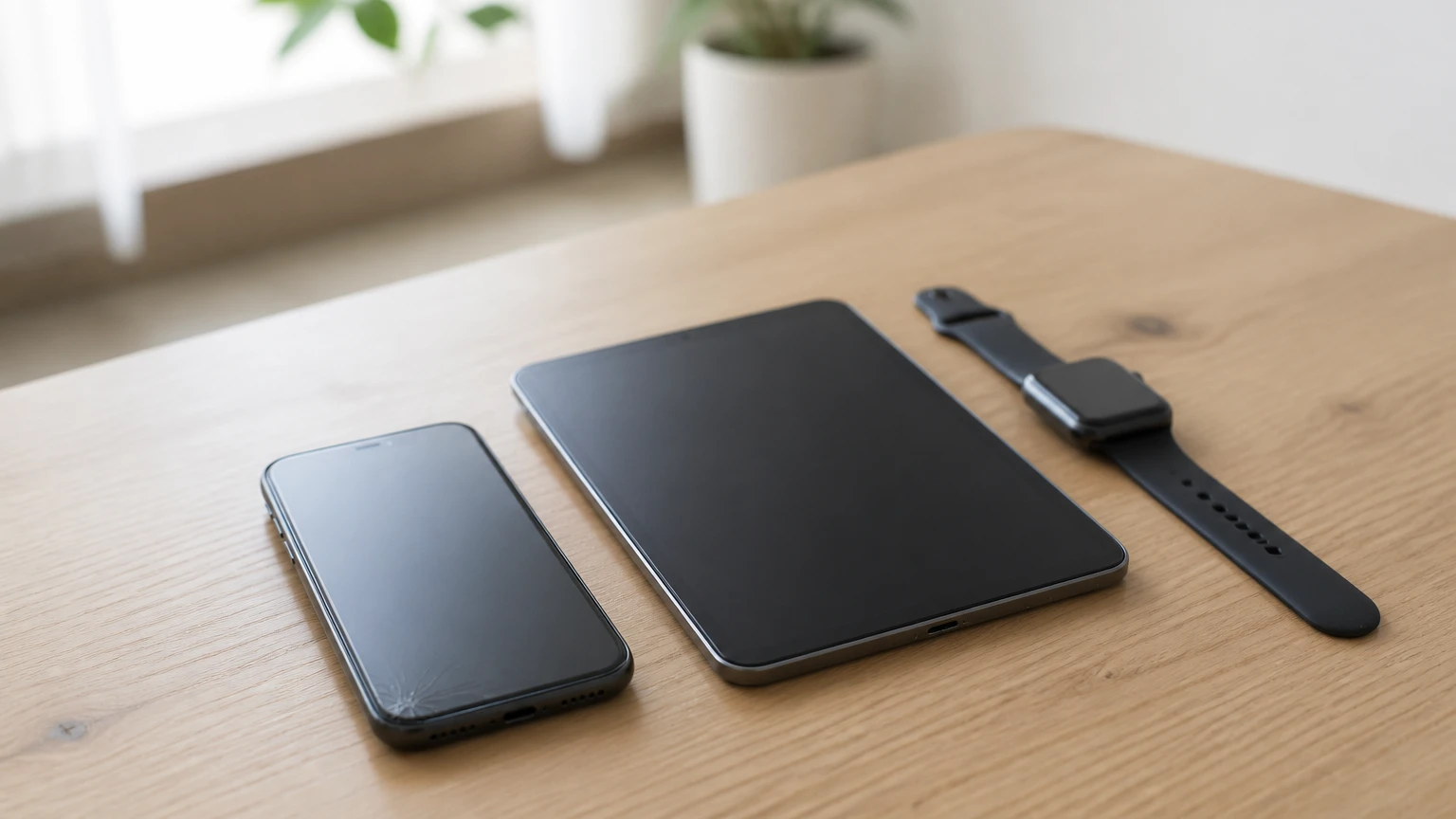 スマートフォン・タブレット・スマートウォッチを並べた写真