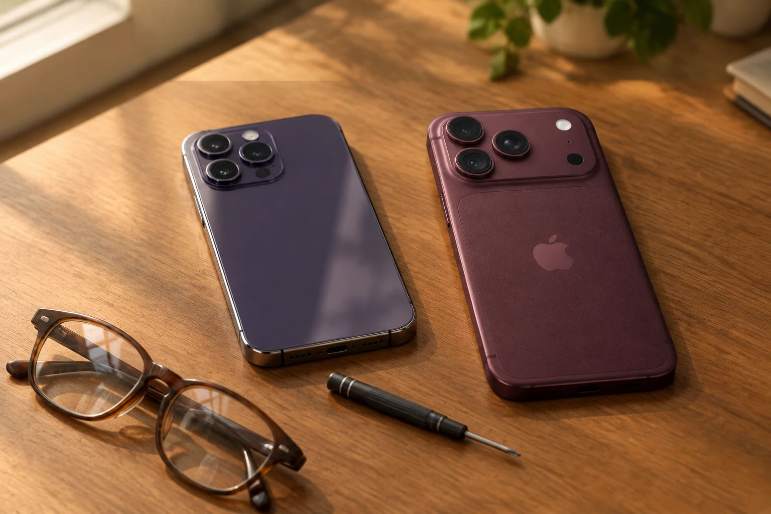 新しいiPhoneと4年使ったiPhone 14 Proを並べ、買い替えるか使い続けるかを考える机の上