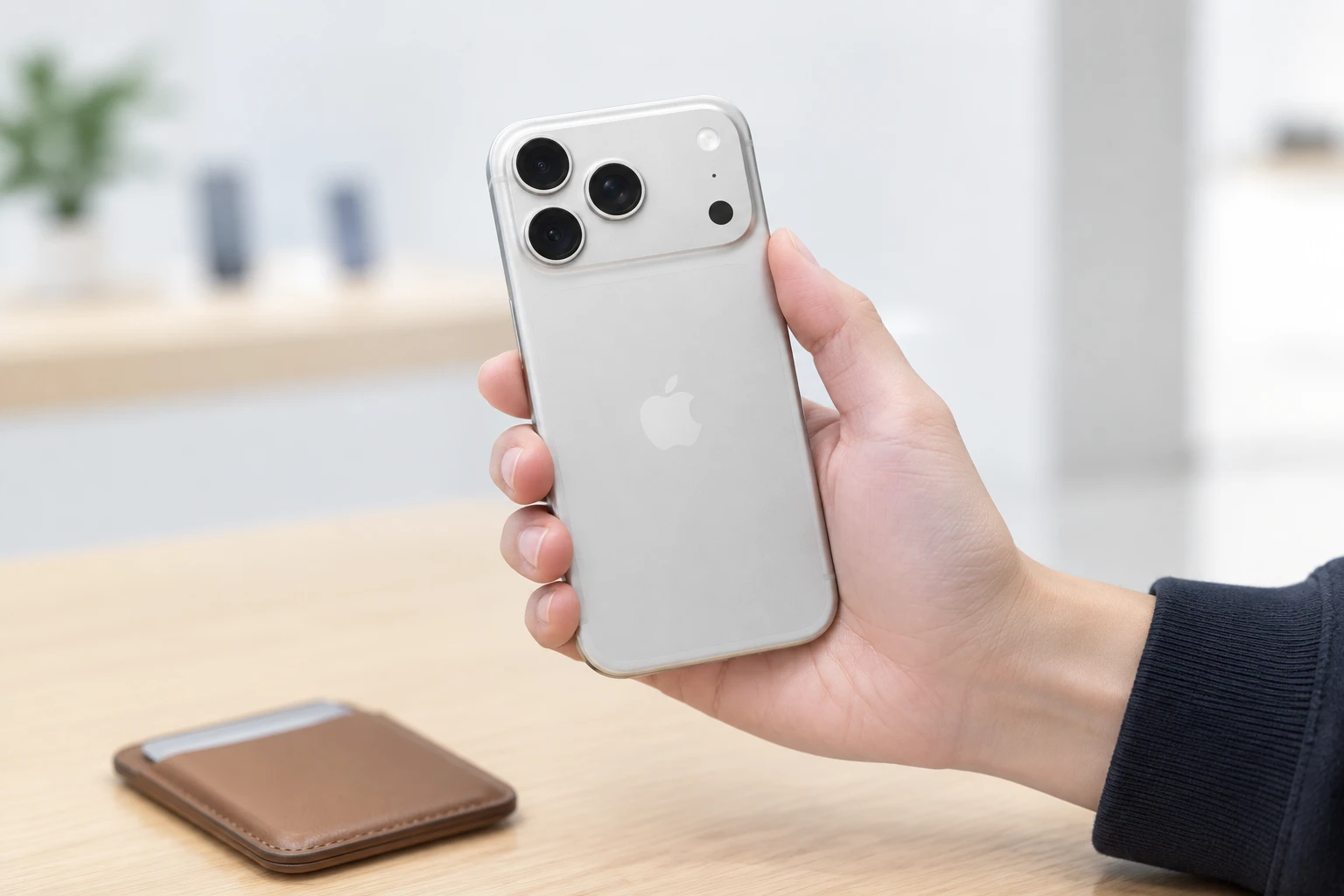 新しいiPhone 18 Proを手に取り、下取りに出す端末と一緒に置いた様子