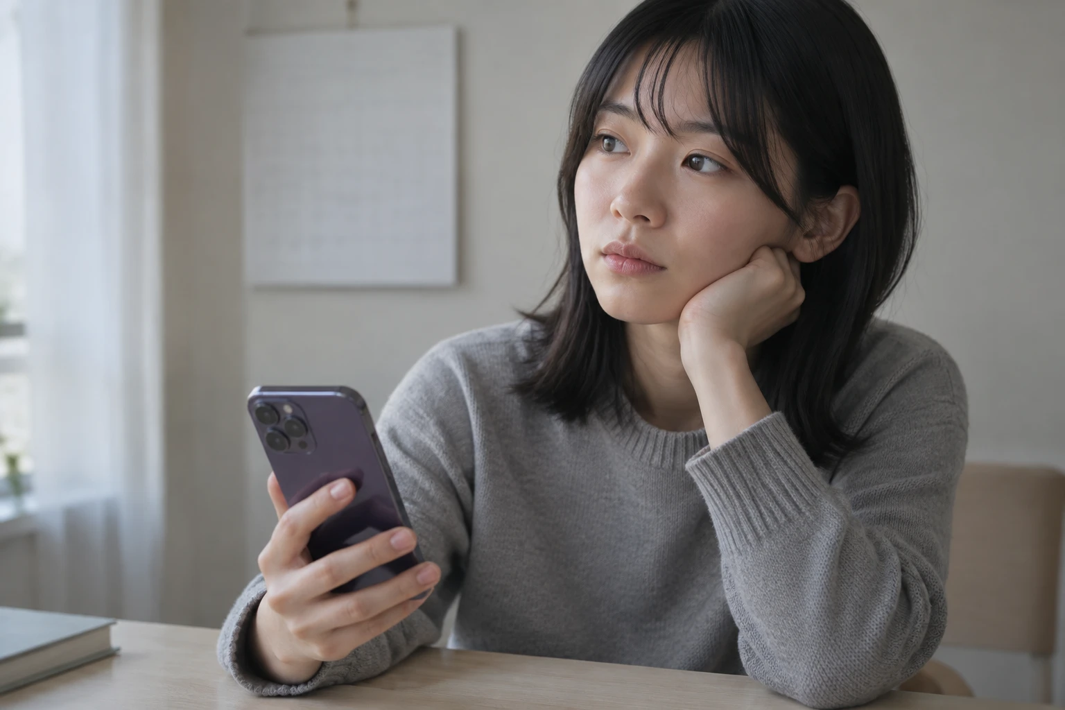 発売時期が決まっていない新機種を待つかどうか、カレンダーの前で考える様子