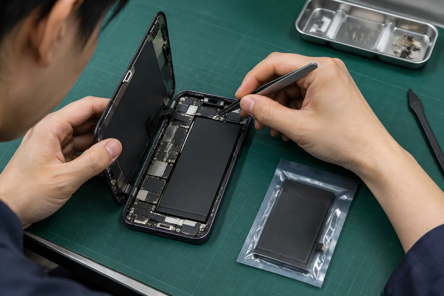 画面側を開けてiPhone 14 Proのバッテリーを交換している修理作業台