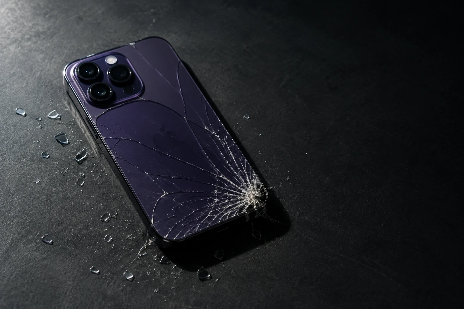 背面ガラスが割れた4年落ちのiPhone 14 Proと高額な修理費のイメージ