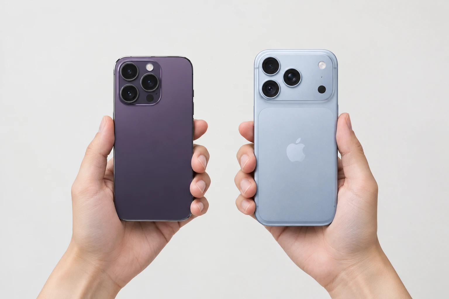 新しいiPhoneと使い慣れたiPhone 14 Proを両手に持ち、どちらにするか選ぶ場面