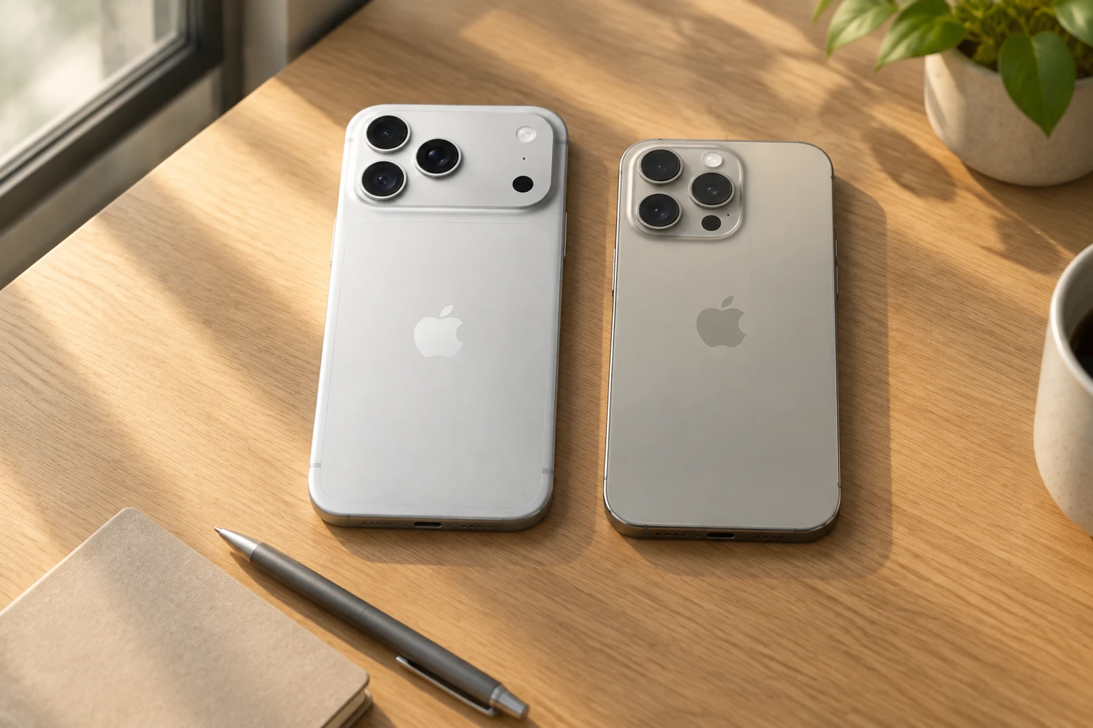 新しいiPhone 18 Proと3年使ったiPhone 15 Proを並べ、差額を考える机の上