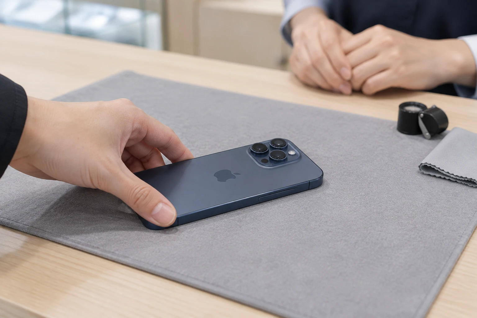 iPhone 15 Proを買取店のカウンターで査定に出す場面