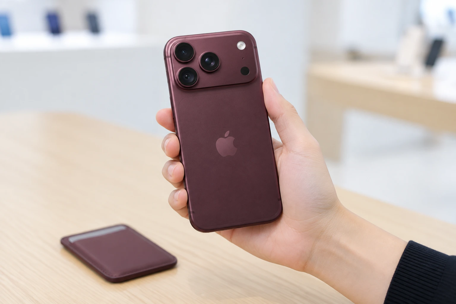 新しいiPhone 18 Proを手に取り、買い替え後の支払いを考える様子