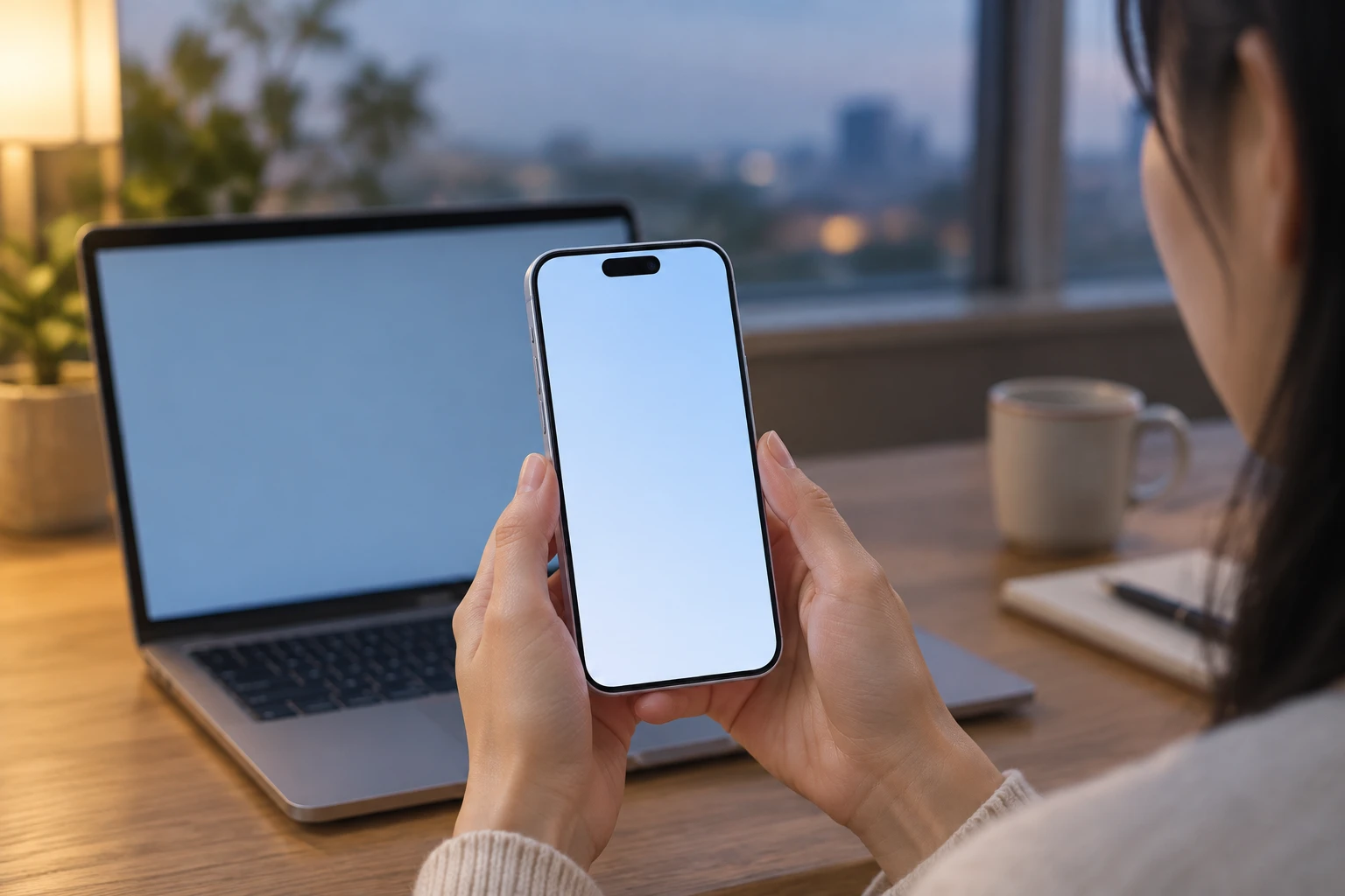 自宅のノートパソコンでオンライン手続きをしながら、新しいiPhoneを設定している様子