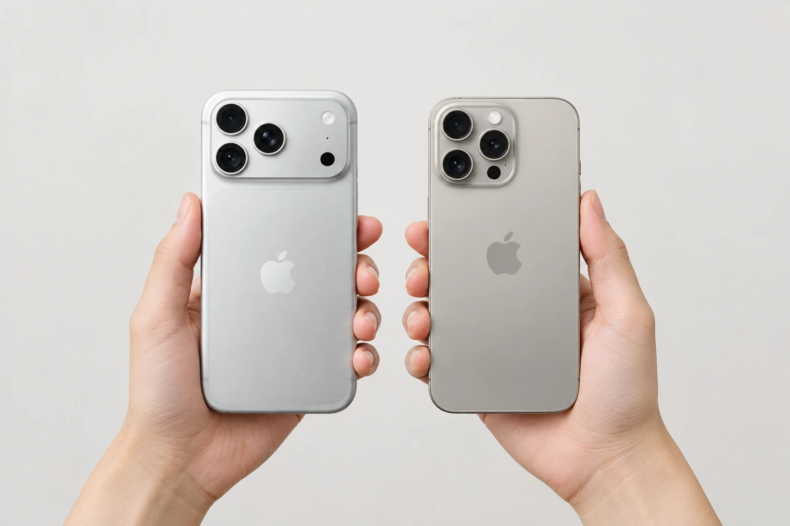 新しいiPhone 18 Proと使い慣れたiPhone 15 Proを両手に持ち、どちらにするか選ぶ場面