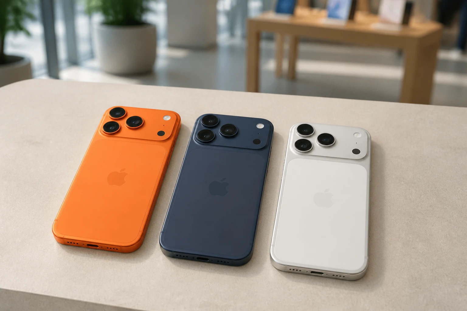 iPhone 17 Proの3色(コズミックオレンジ・ディープブルー・シルバー)を並べた写真