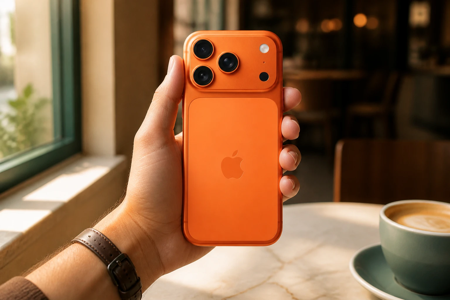 コズミックオレンジのiPhone 17 Proを手に持ち背面のカメラを見せている様子