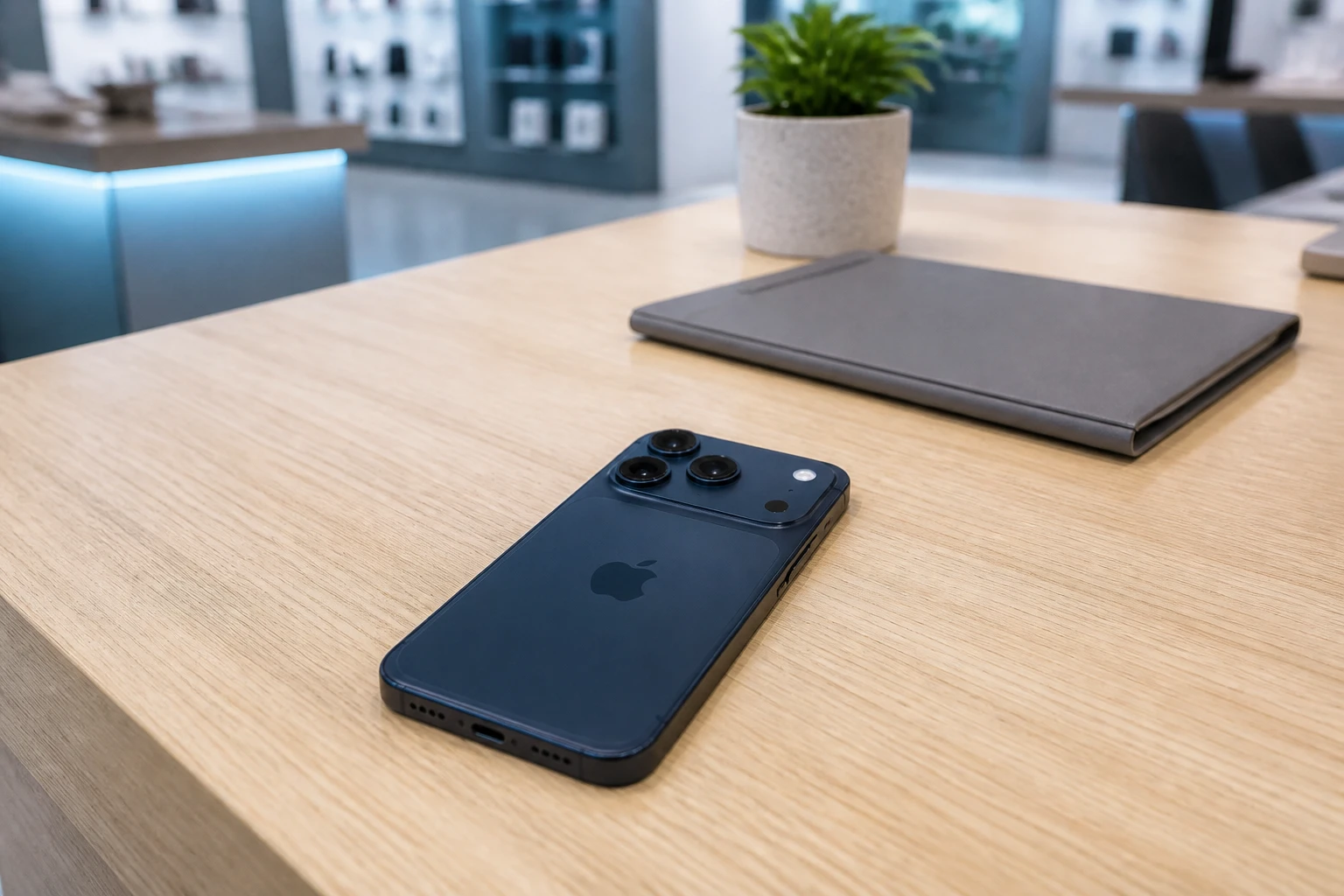 携帯ショップのカウンターに置かれたディープブルーのiPhone 17 Pro
