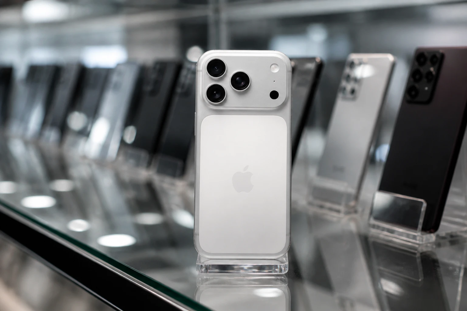 中古スマホ販売店のガラスショーケースに置かれたシルバーのiPhone 17 Pro