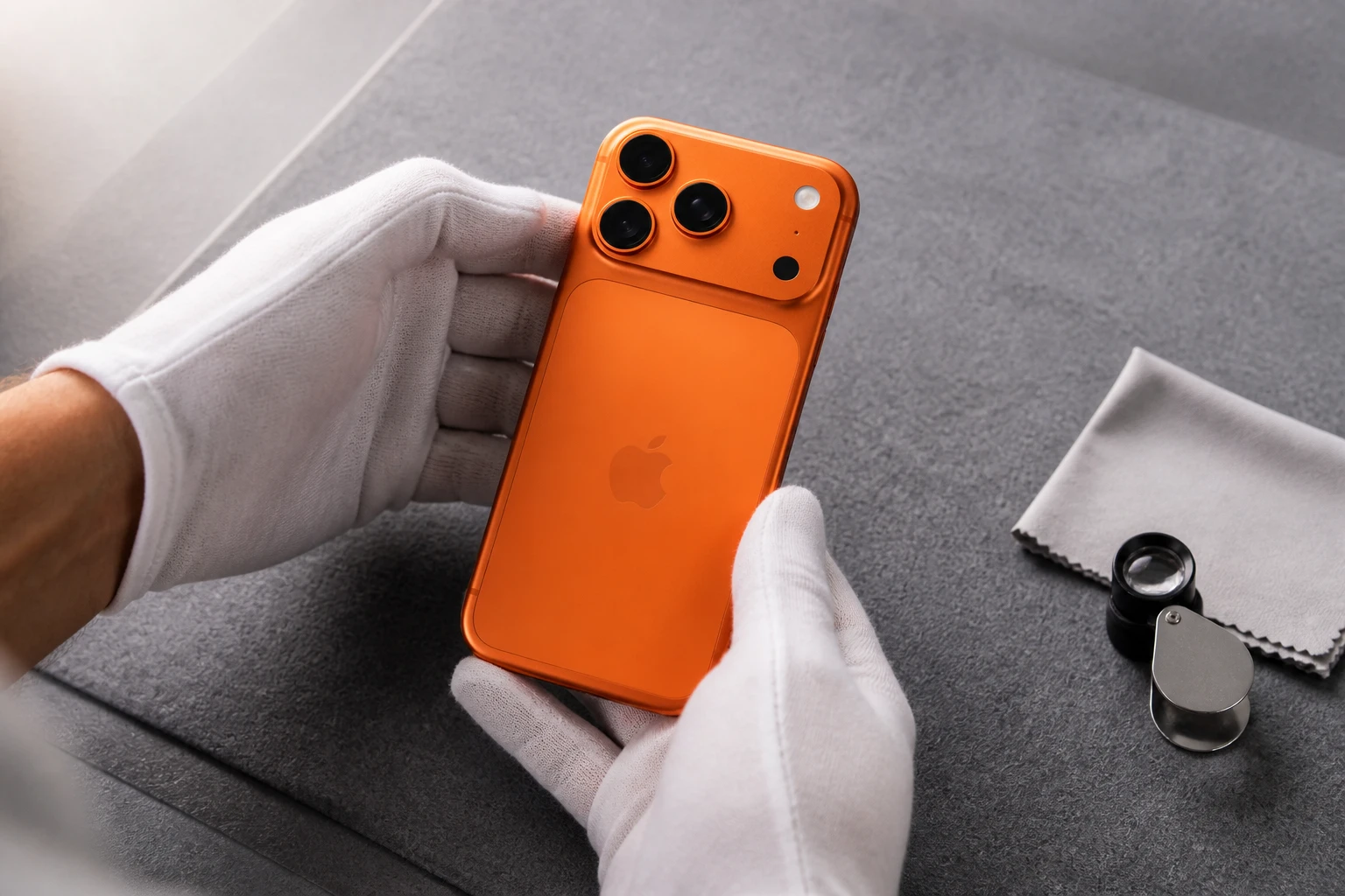 中古のiPhone 17 Proの状態を検品している手元