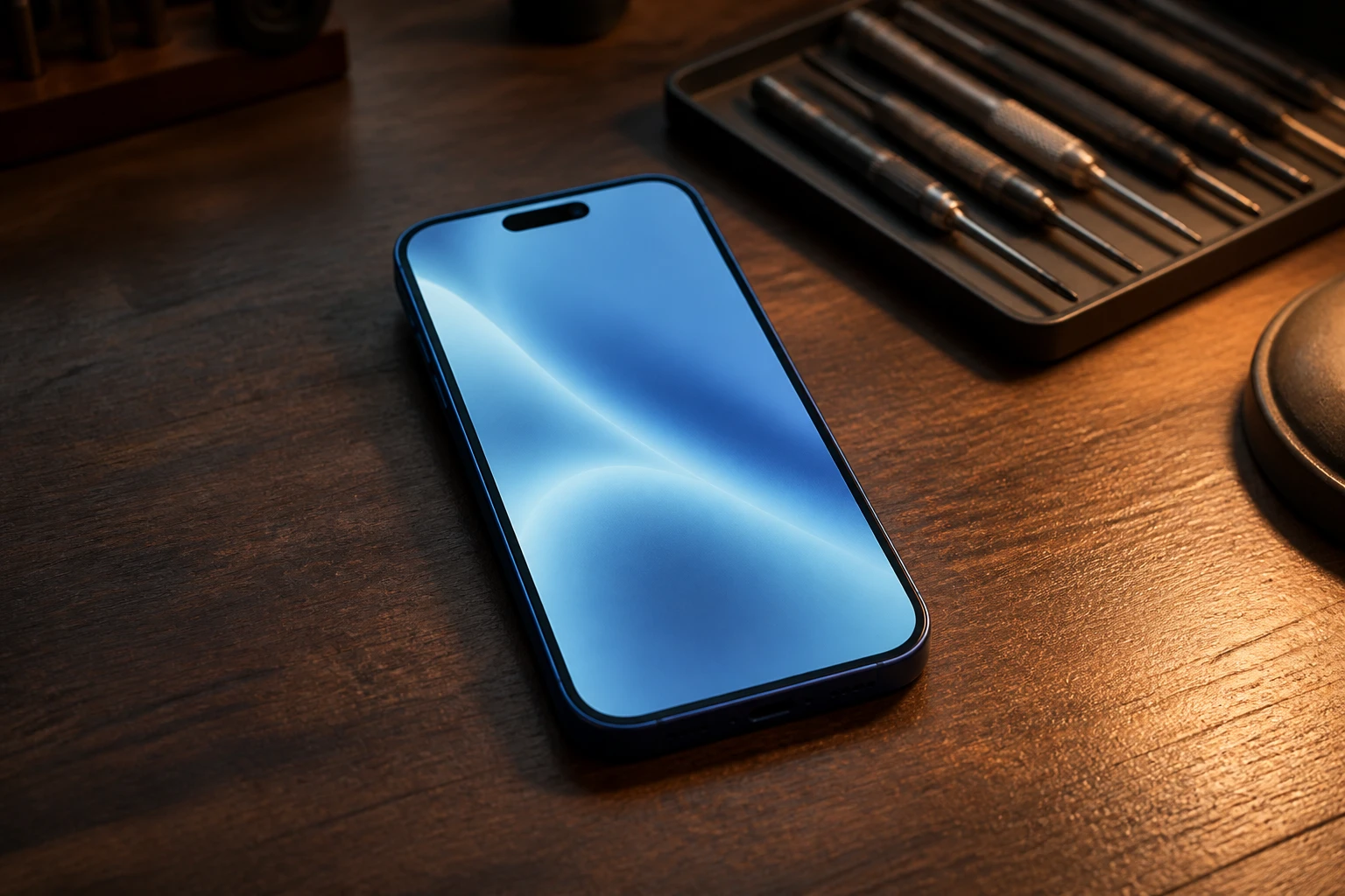 修理カウンターに画面を上にして置かれたiPhone 17 Pro