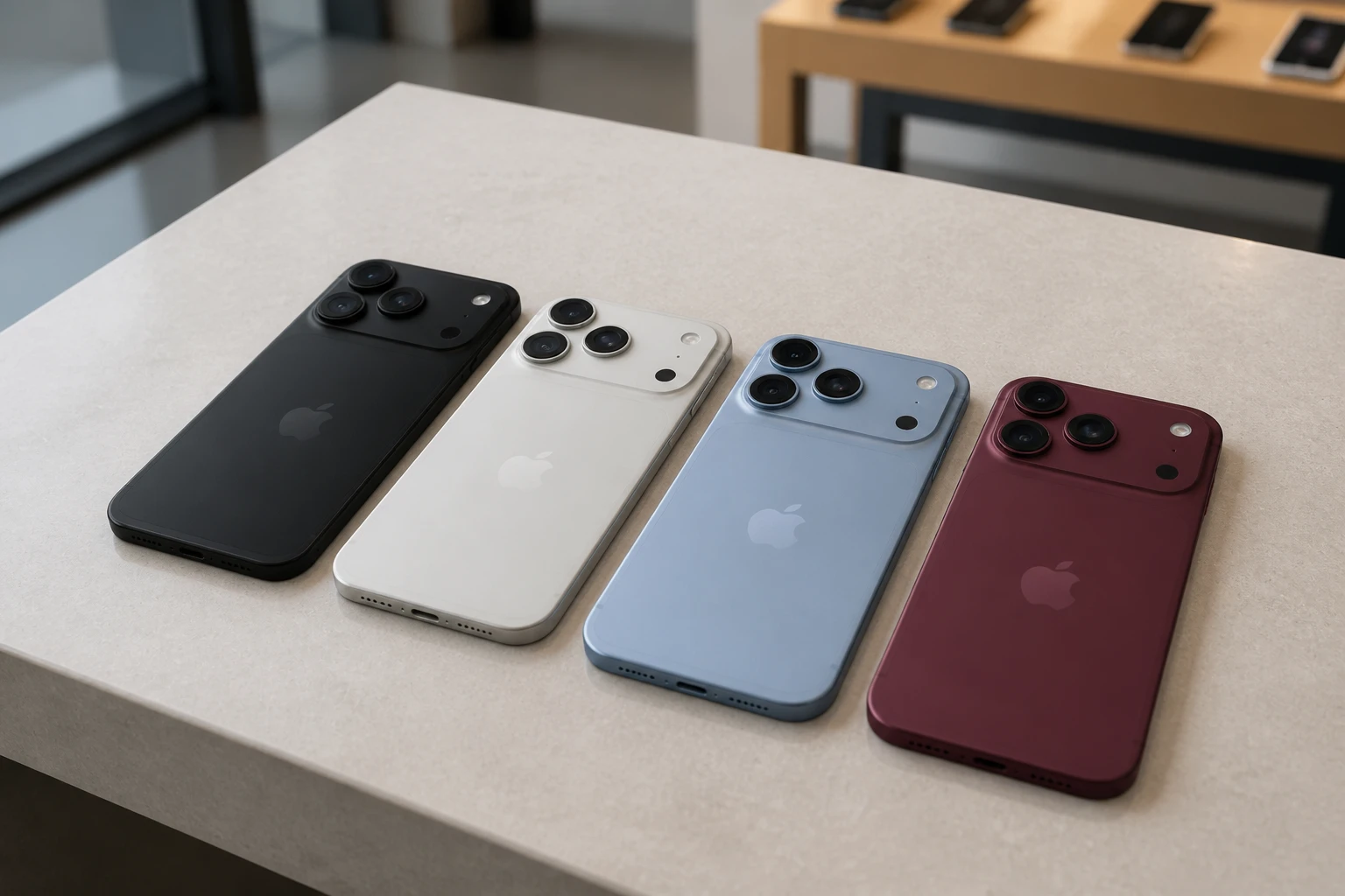 iPhone 18 Proの4色(ブラック・シルバー・グレイシャー・バーガンディ)を並べた写真