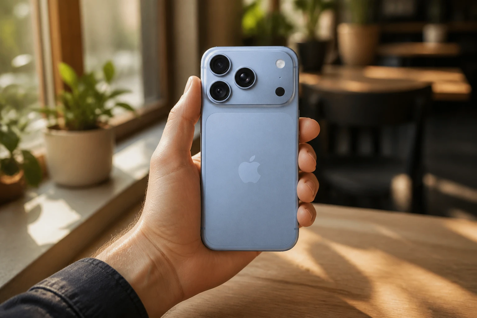 グレイシャーカラーのiPhone 18 Proを手に持ち背面のカメラを見せている様子