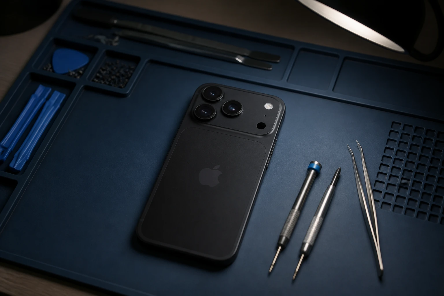 修理作業台に置かれたブラックのiPhone 18 Proと精密工具
